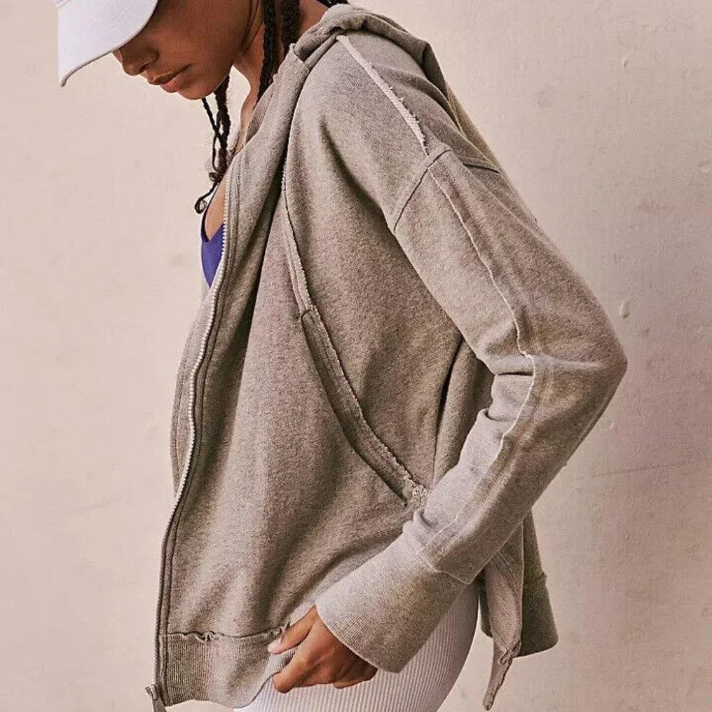 Free People Light Gray Zip Hoodie with Purple Tank and White Cap
